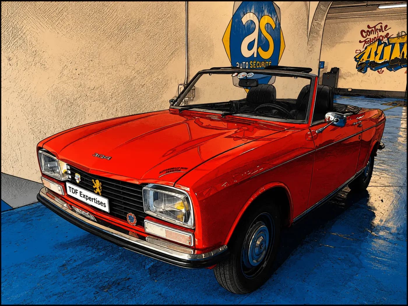 Peugeot 304 cabriolet rouge en centre de contrôle