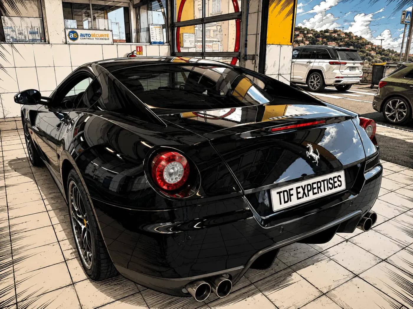 Ferrari 599 GTB noire en centre de contrôle